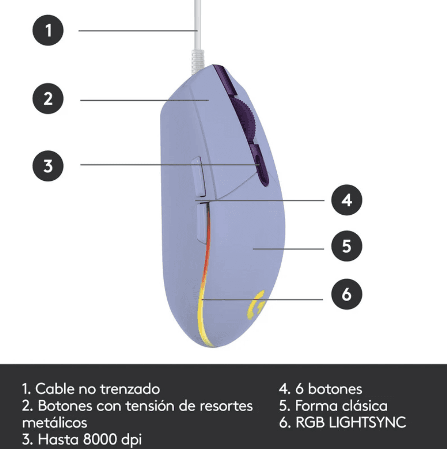 MOUSE GAMING LOGITECH G203 LILA/CABLE/USB/RGB — imagen 5