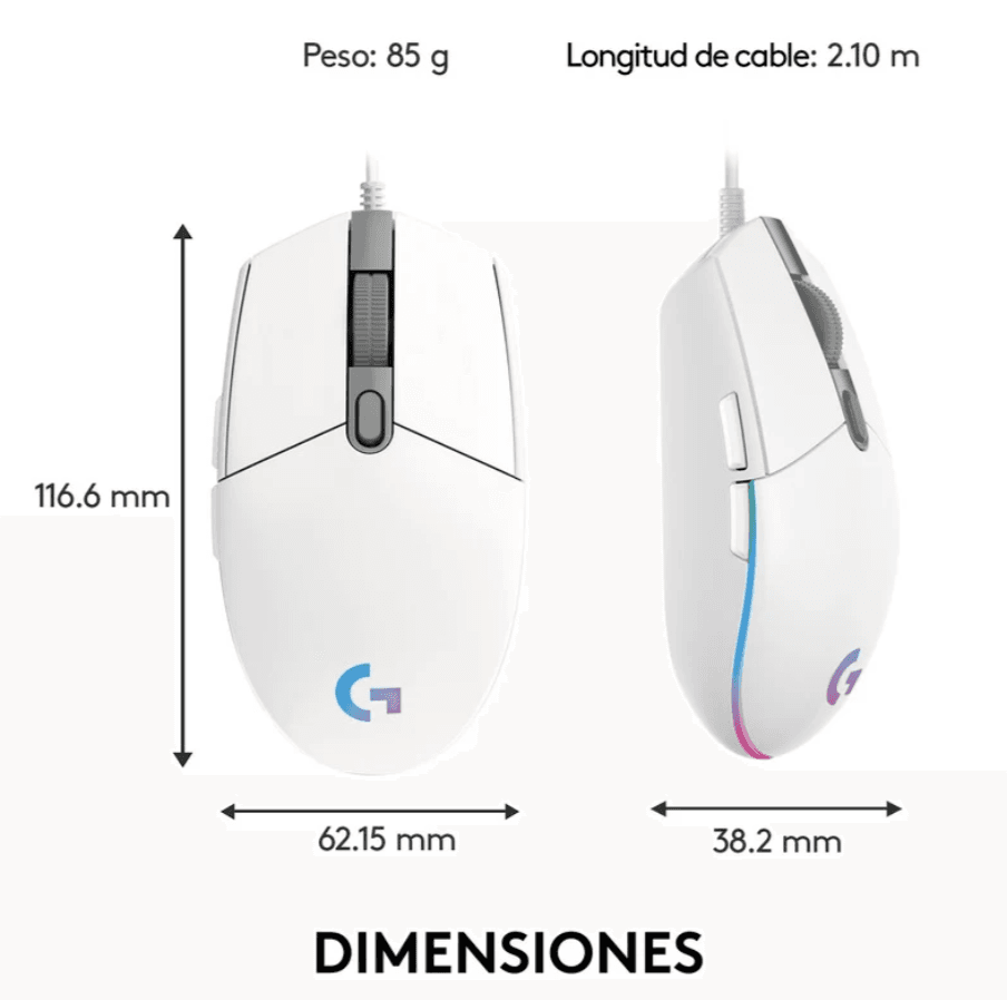 MOUSE GAMING LOGITECH G203 BLANCO/CABLE/USB/RGB — imagen 7