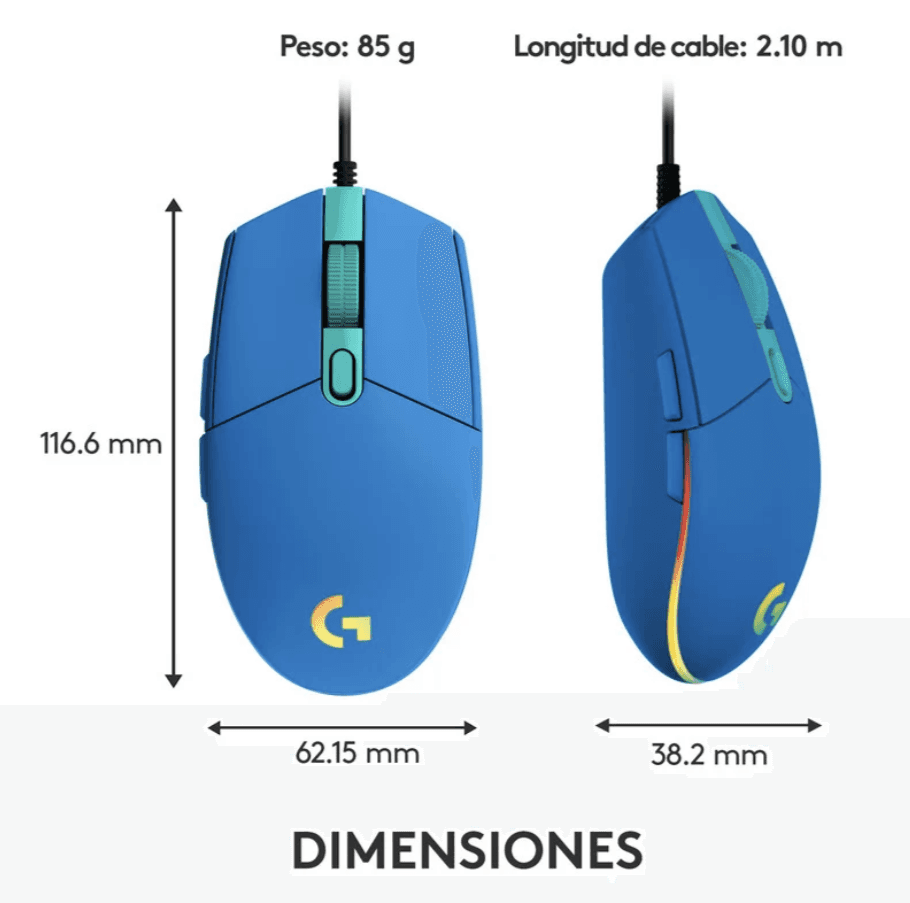 MOUSE GAMING LOGITECH G203 AZUL/CABLE/USB/RGB — imagen 7