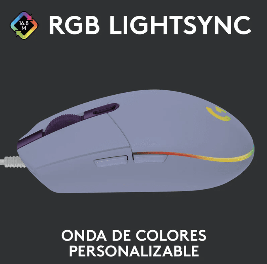 MOUSE GAMING LOGITECH G203 LILA/CABLE/USB/RGB — imagen 2