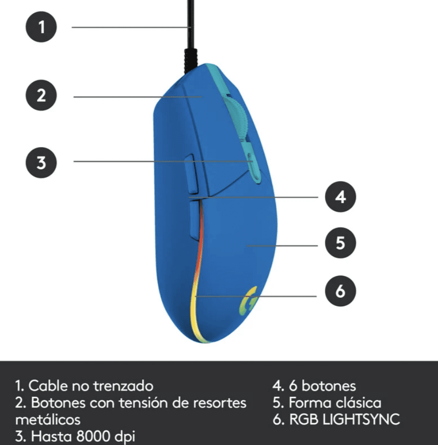MOUSE GAMING LOGITECH G203 AZUL/CABLE/USB/RGB — imagen 5
