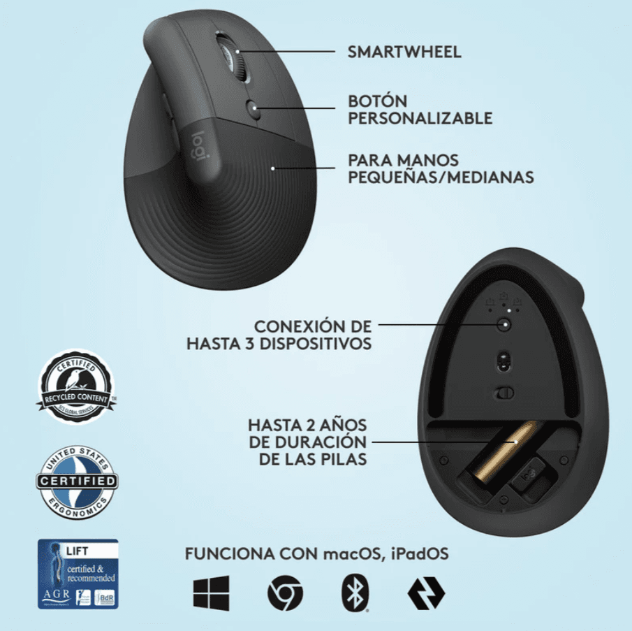 MOUSE LOGITECH LIFT VERTIVAL ERGONÓMICO INALÁMBRICO GRAFITO — imagen 5