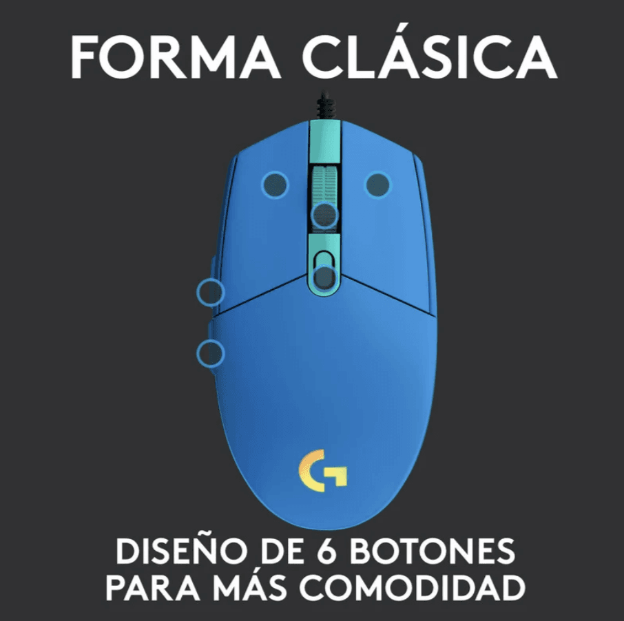 MOUSE GAMING LOGITECH G203 AZUL/CABLE/USB/RGB — imagen 3