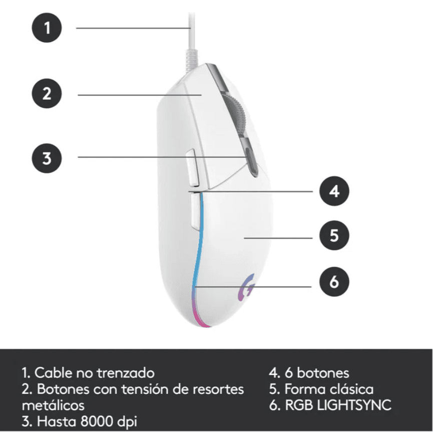 MOUSE GAMING LOGITECH G203 BLANCO/CABLE/USB/RGB — imagen 5