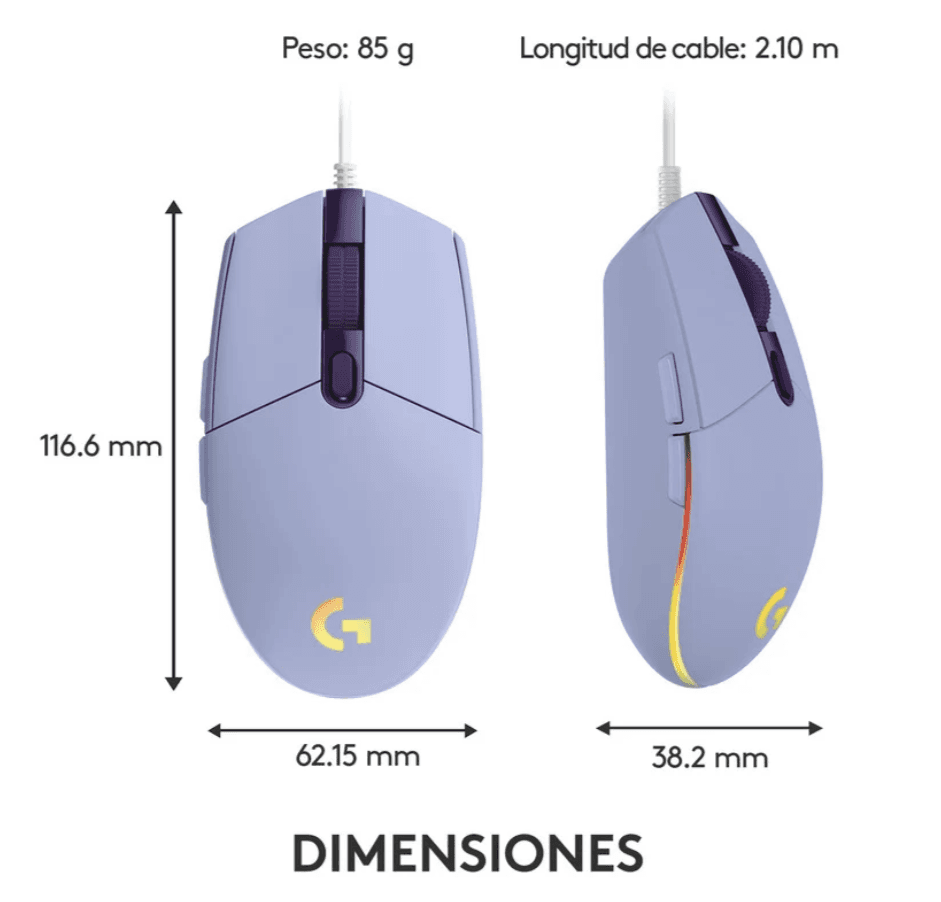 MOUSE GAMING LOGITECH G203 LILA/CABLE/USB/RGB — imagen 7