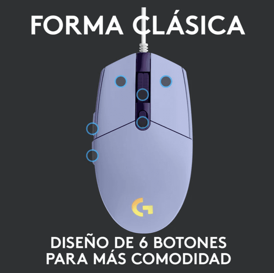 MOUSE GAMING LOGITECH G203 LILA/CABLE/USB/RGB — imagen 3