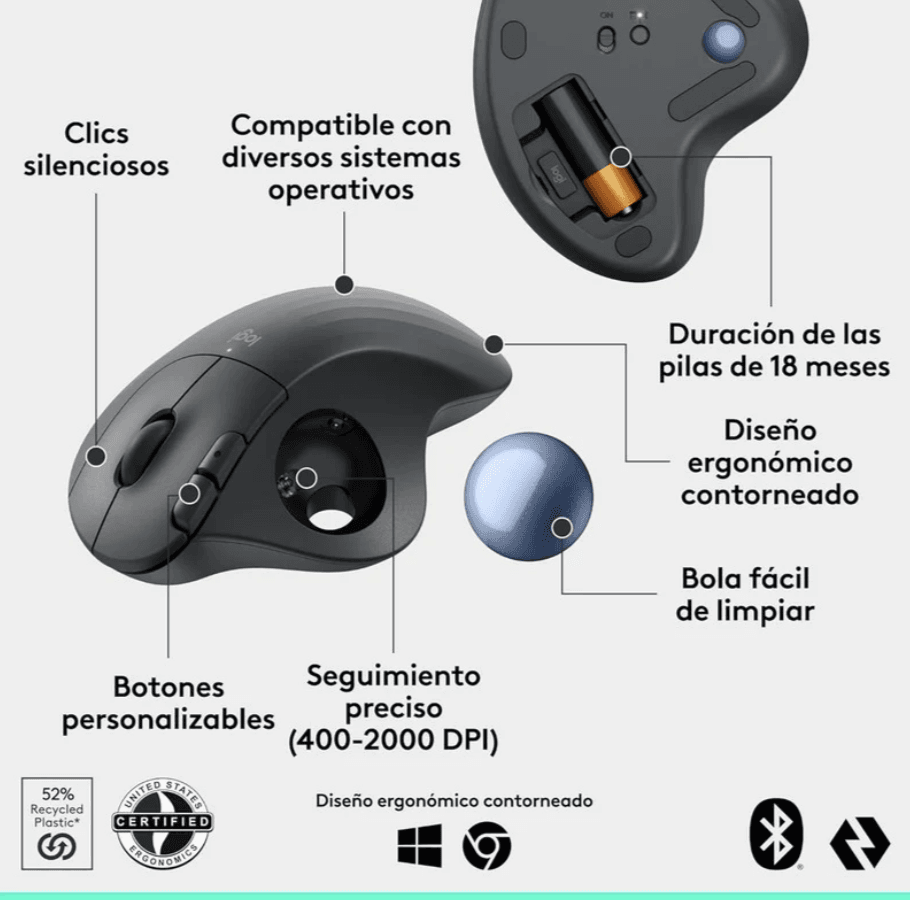 MOUSE LOGITECH M575S TRACKBALL INALAMBRICO ERGO USB/BLUETOOTH/GRAFITO BOLA AZUL — imagen 5