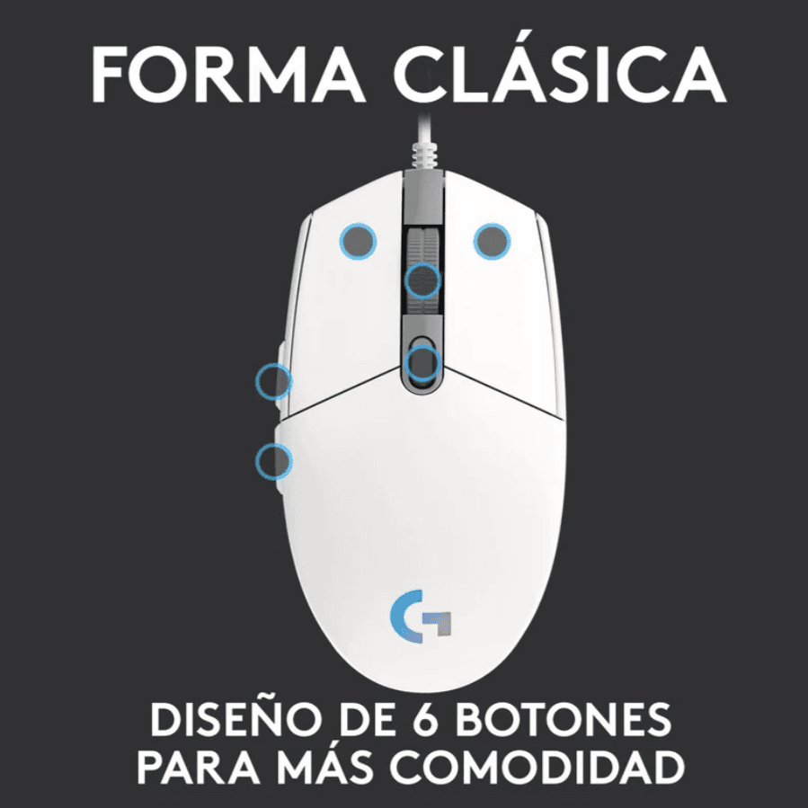 MOUSE GAMING LOGITECH G203 BLANCO/CABLE/USB/RGB